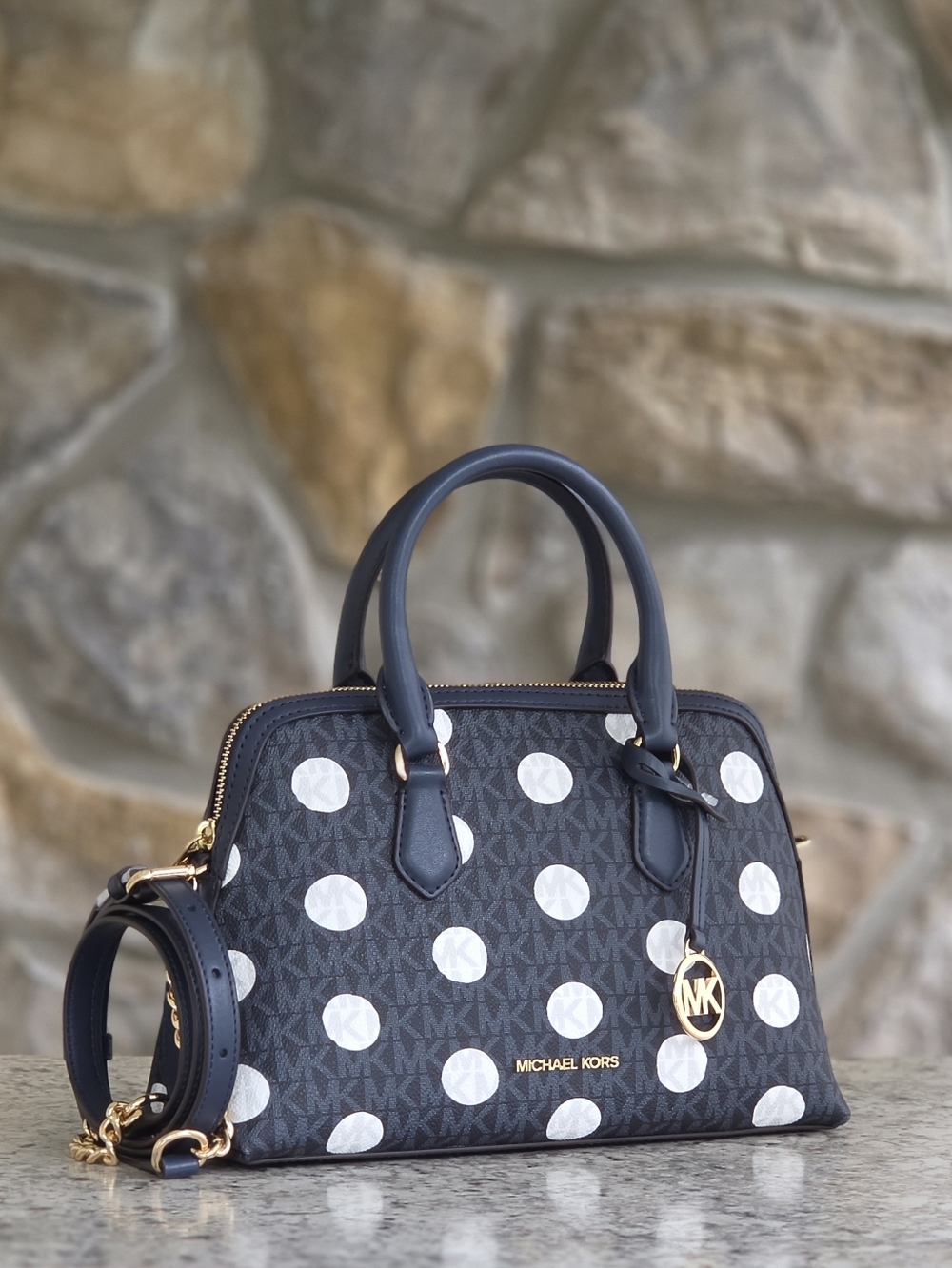 Michael Kors Kiri Polka Dot Small Dome Blue Satchel